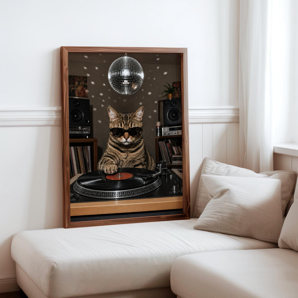 DJ Cat Vinyl Wall Art, Funny Retro Music Room Decor, Record Player Turntable Print, Disco Ball Poster, Animal Lover Gift