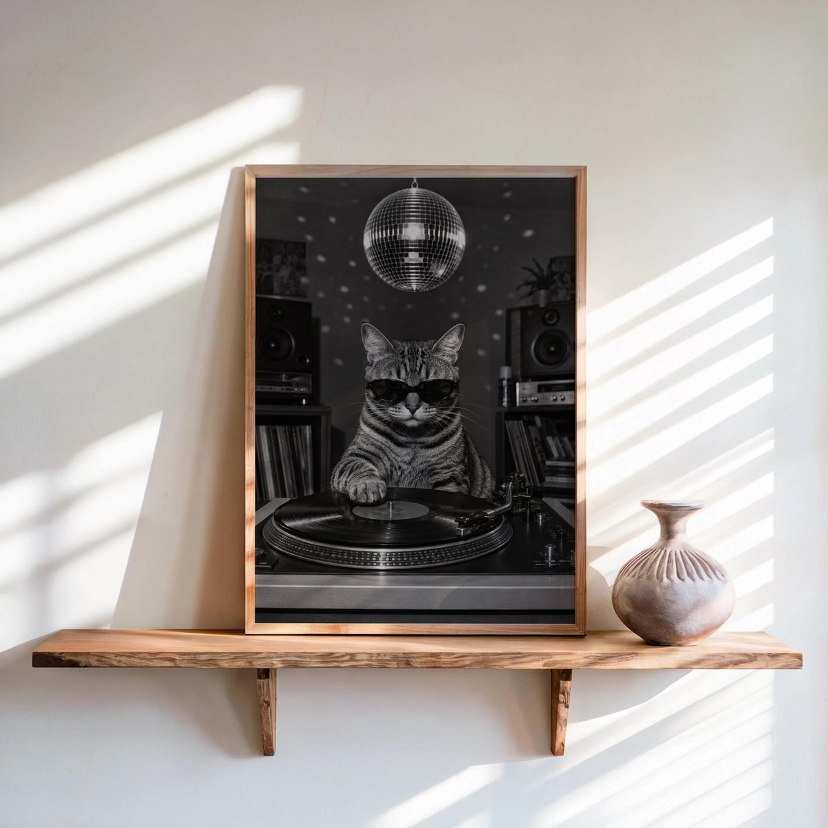 DJ Cat Vinyl Wall Art, Funny Retro Music Room Decor, Record Player Turntable Print, Disco Ball Poster, Animal Lover Gift