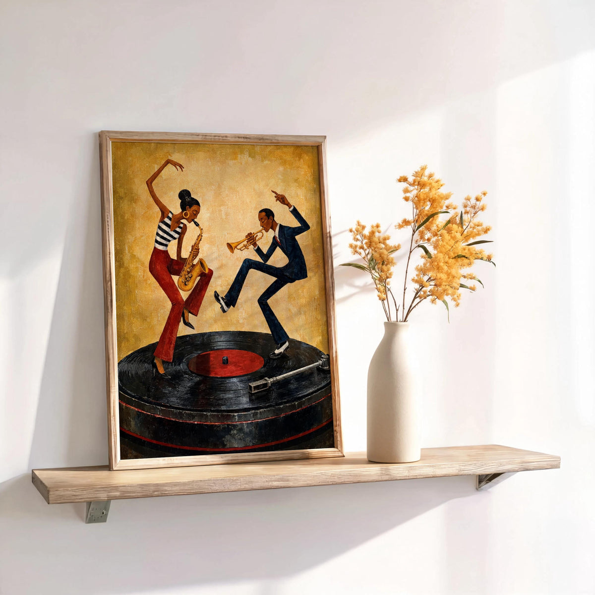 Dancing Couple Wall Decor, African American Music Art, Vinyl Record Player Painting, Afrocentric Retro Jazz Illustration, Vibrant Bar Decor
