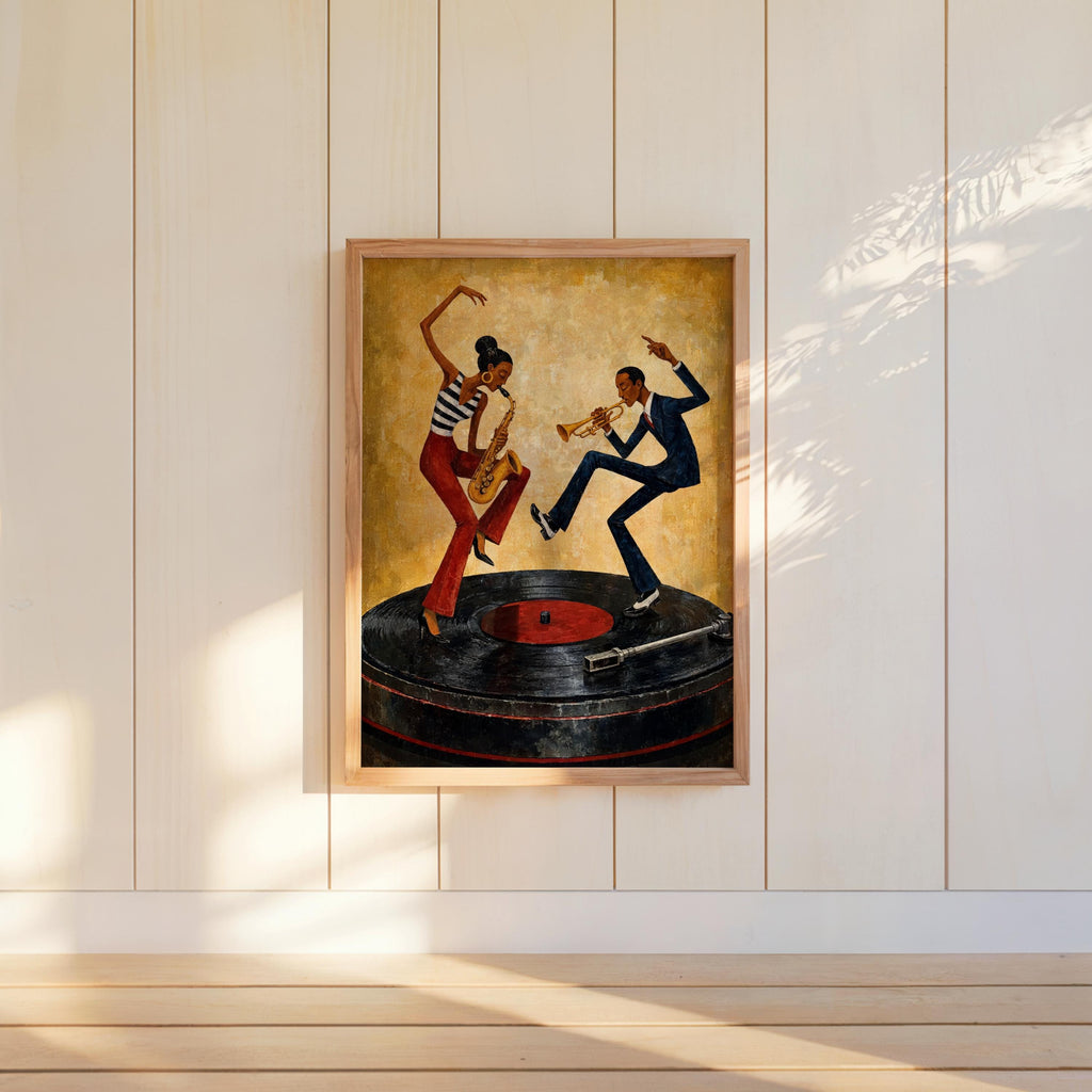 Dancing Couple Wall Decor, African American Music Art, Vinyl Record Player Painting, Afrocentric Retro Jazz Illustration, Vibrant Bar Decor