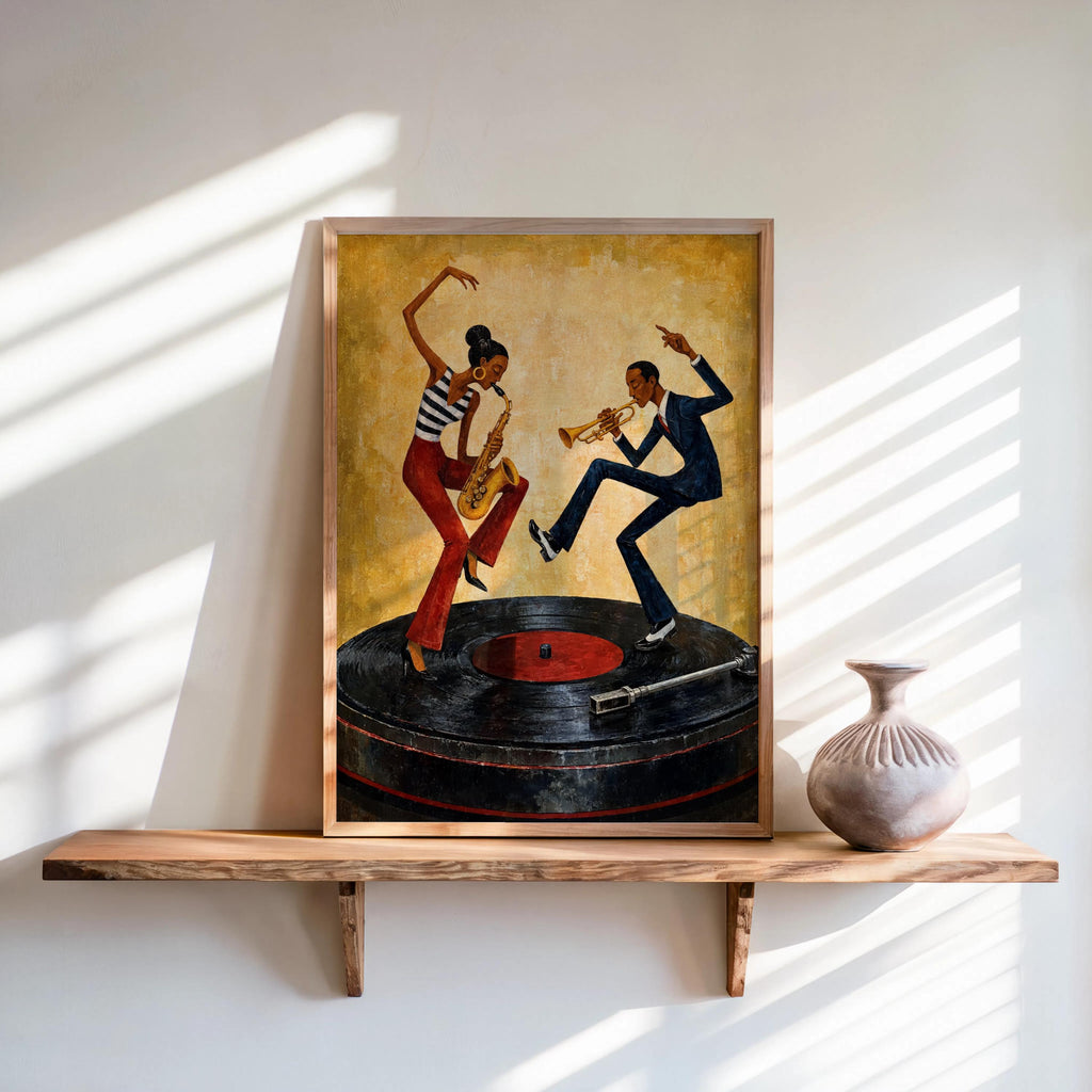 Dancing Couple Wall Decor, African American Music Art, Vinyl Record Player Painting, Afrocentric Retro Jazz Illustration, Vibrant Bar Decor