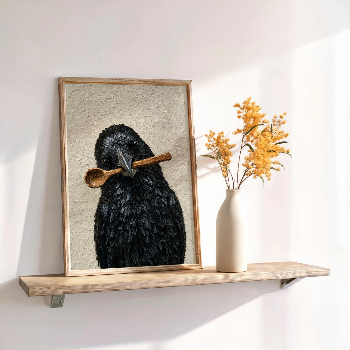 Framed funny crow wall art on a narrow ledge, sunlit dried flowers, vintage-inspired finish