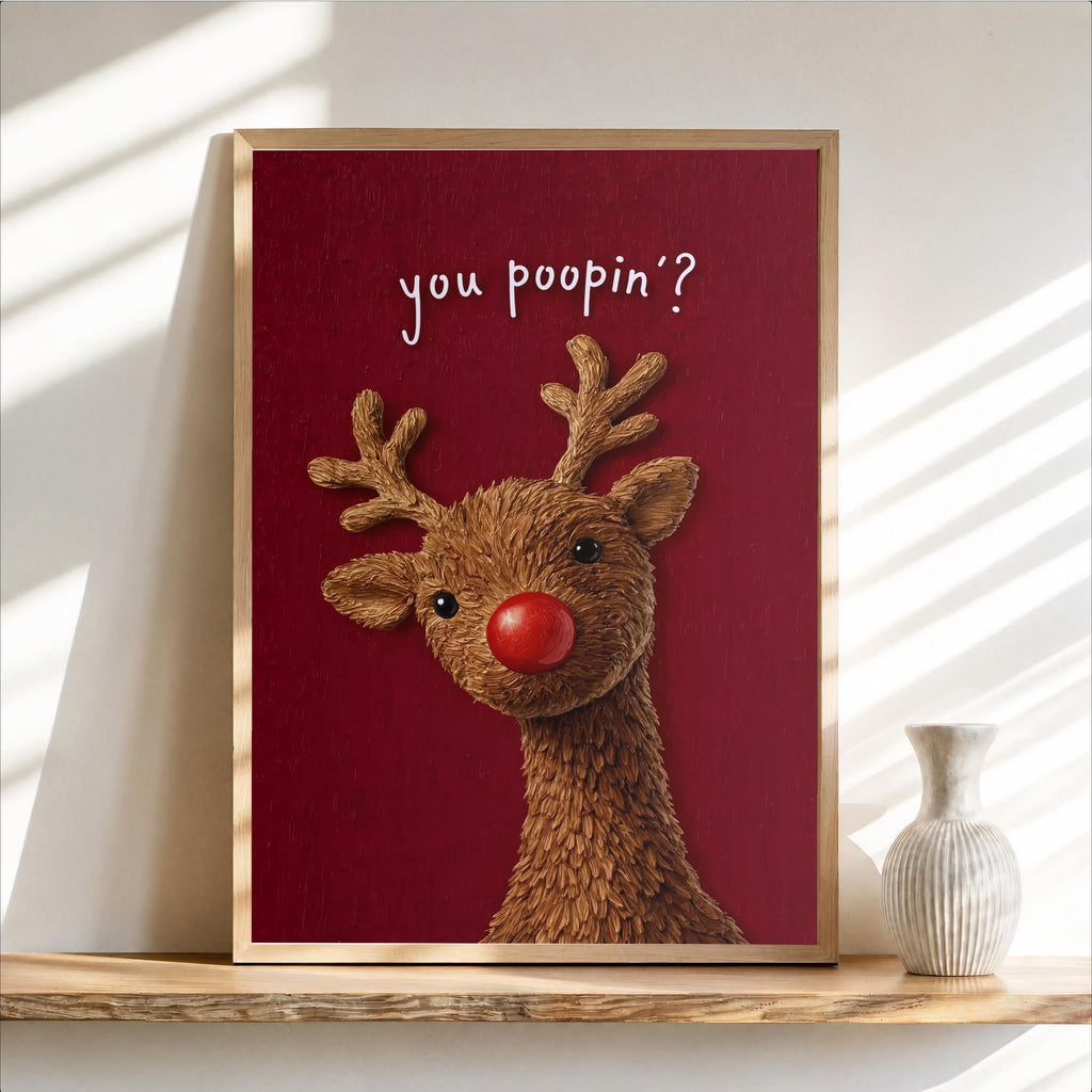 Deep red vintage-inspired funny Rudolph bathroom decor, wide-eyed reindeer, glitter texture and bold red nose