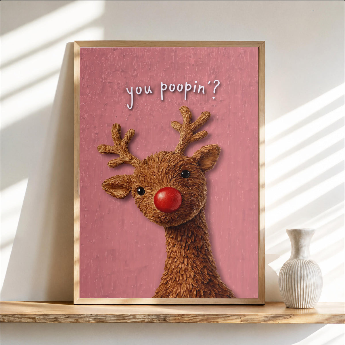 Dusty pink Rudolph bathroom print, quirky Christmas toilet wall art with glitter nose and handwritten 'you poopin?'