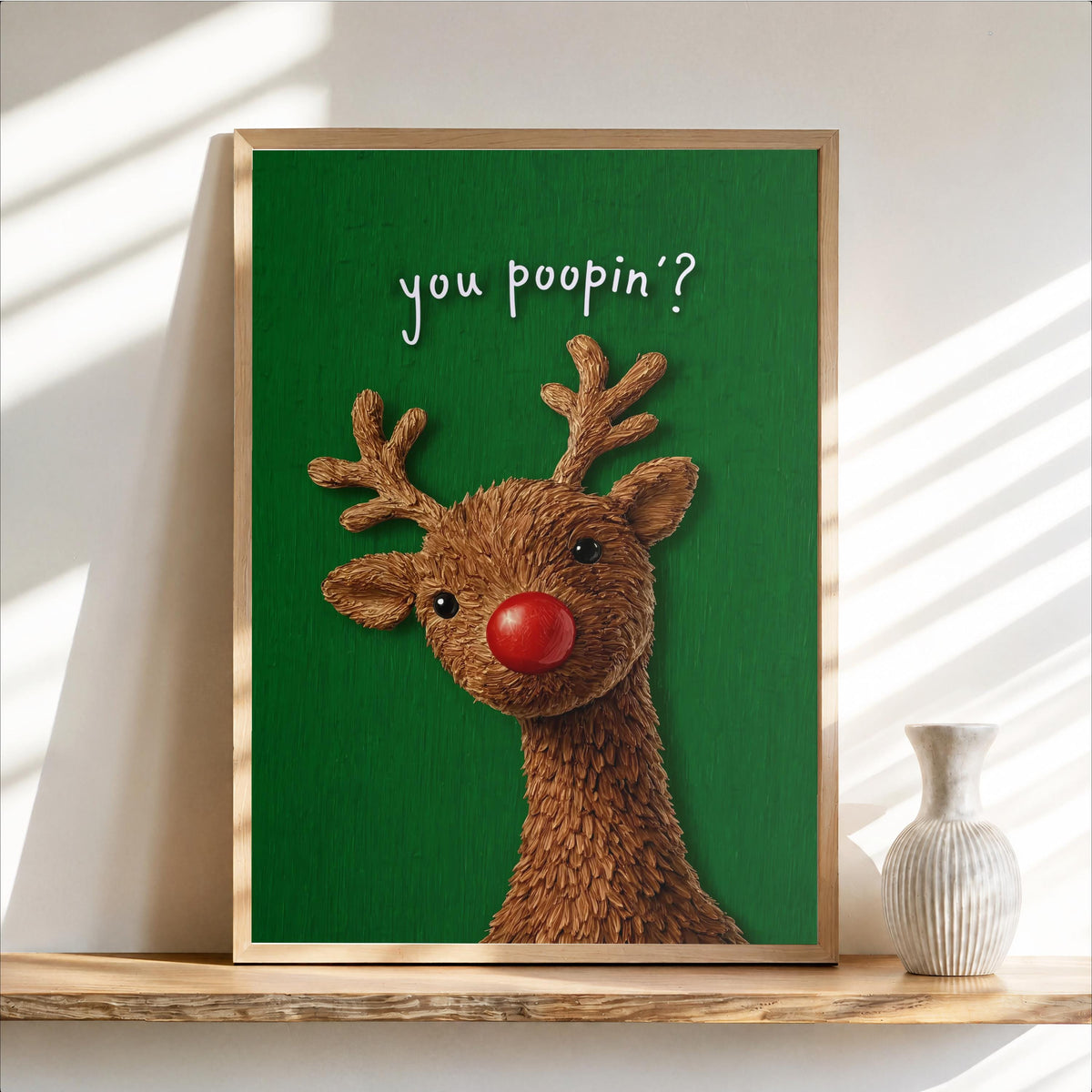 Solid forest green funny Christmas bathroom art print, glittery Rudolph head with cheeky 'you poopin?' text