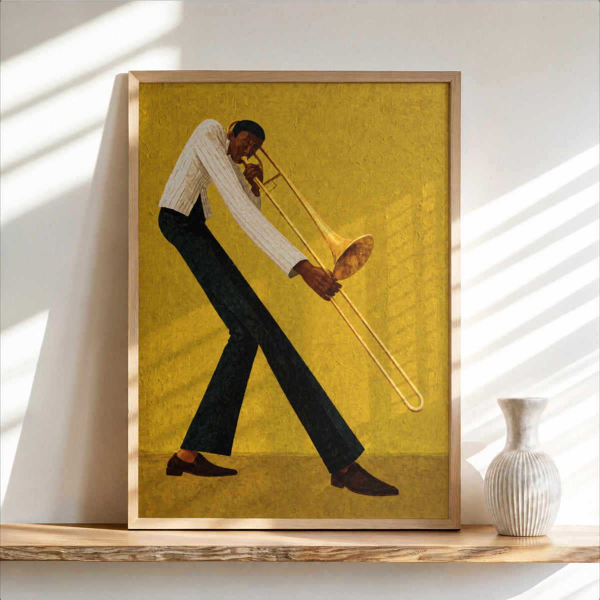 Jazz trombone wall art, ochre yellow backdrop, bold black and cream outfit, vintage jazz poster vibe.