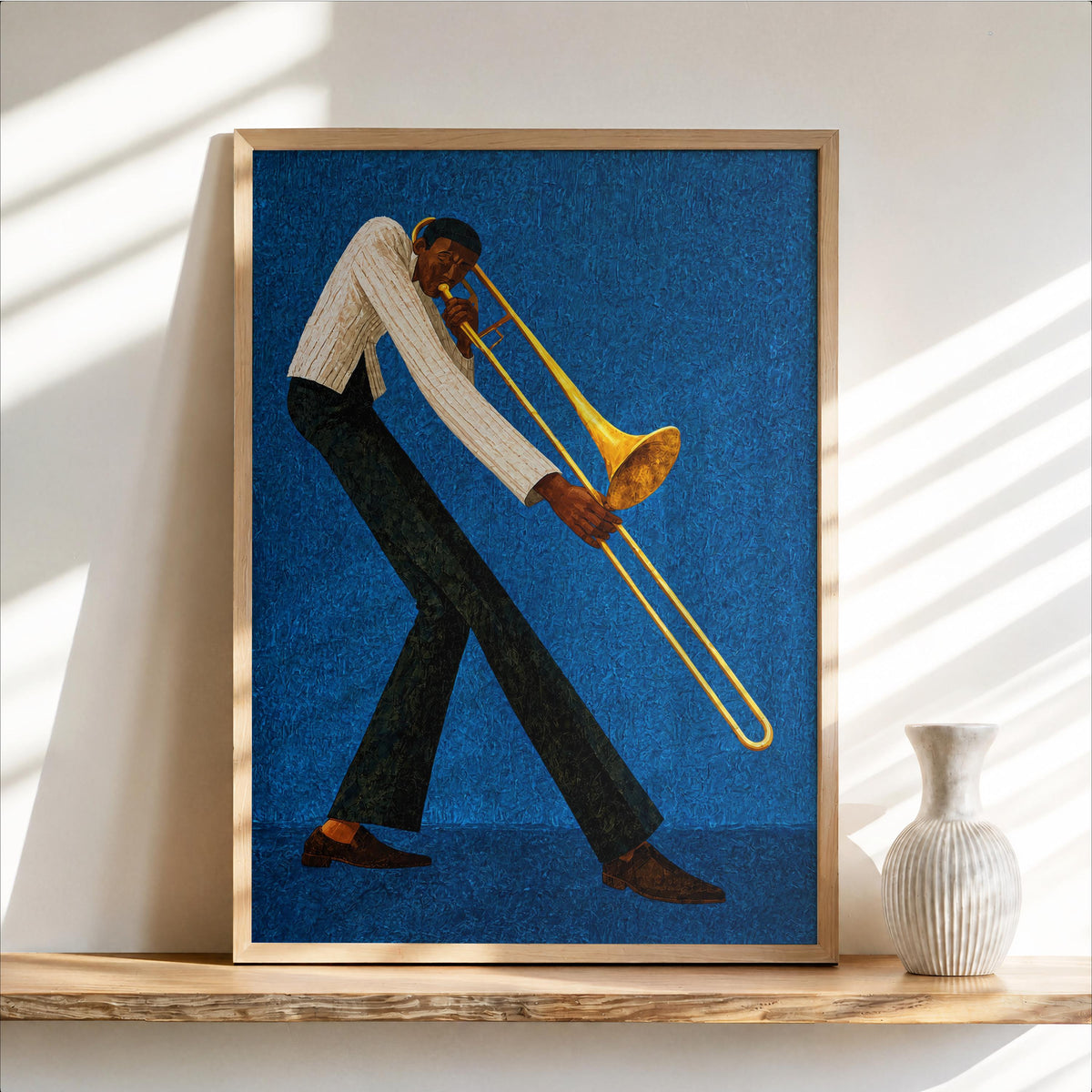 Jazz trombone wall art, deep blue background, brass trombone gleams, Afrocentric mid-century poster.