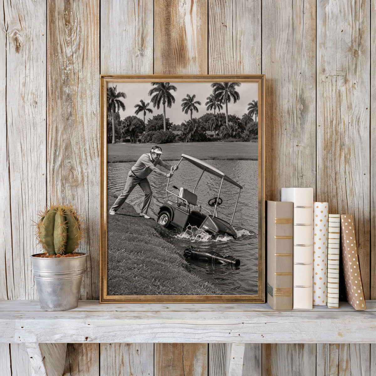 Angry golfer poster propped on rustic wood shelf with books and a small cactus, vintage golf art.
