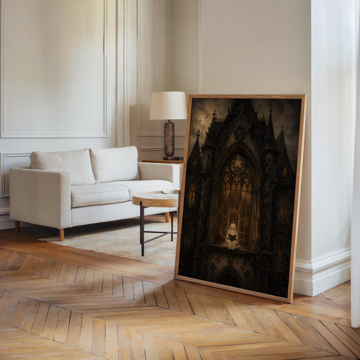 Leaning gothic haunted house wall art beside beige sofa on hardwood floor, dark academia wall art atmosphere