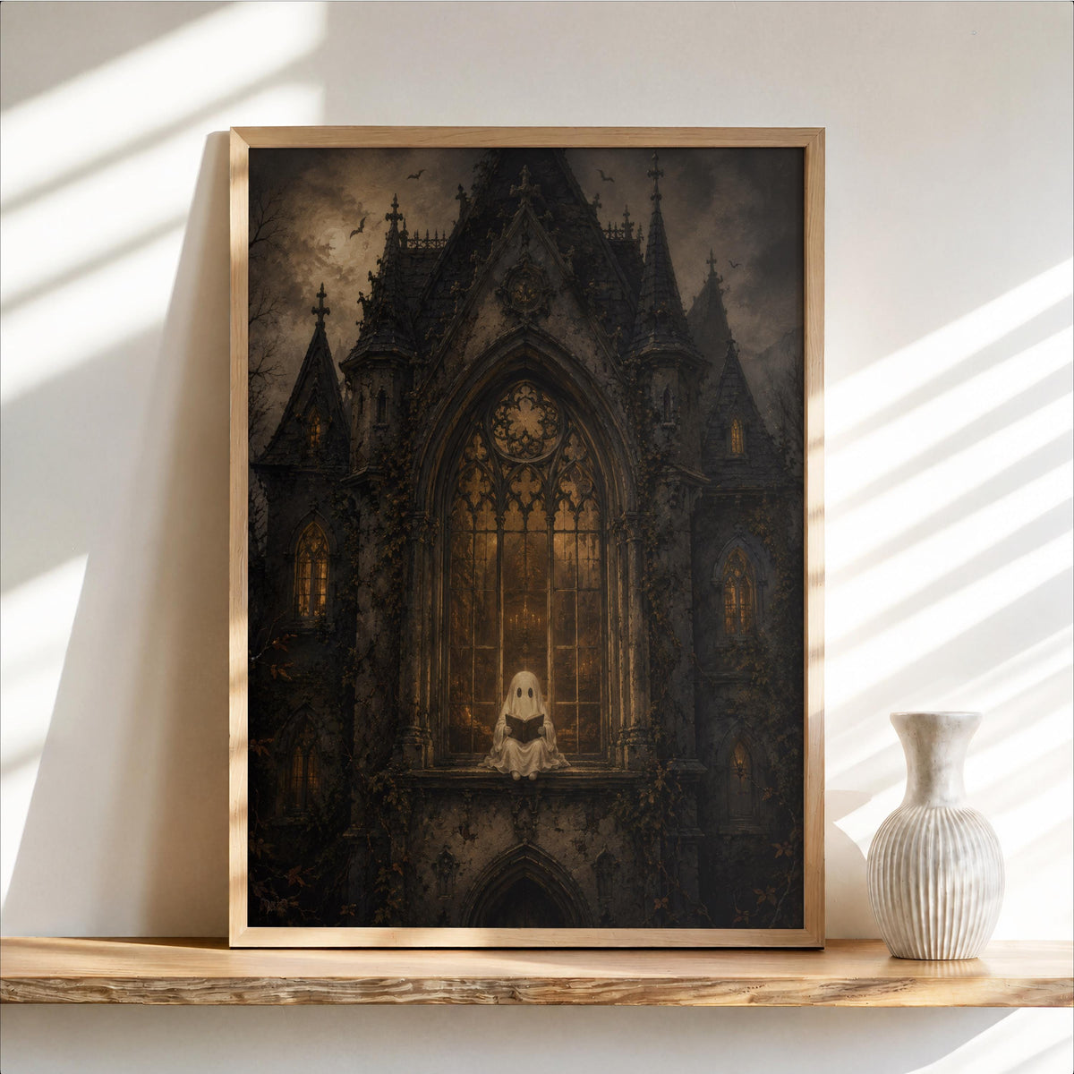 Framed gothic haunted house wall art on wooden shelf, ornate pointed arch, amber windows, small vase