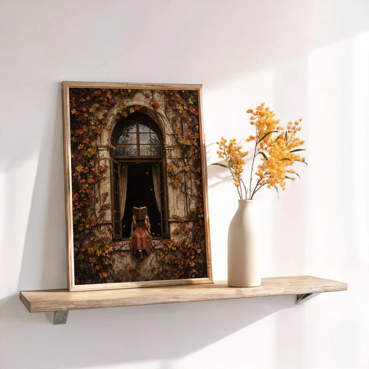 Leaning woman reading art print on small shelf with dried sprigs, vintage storybook vibe