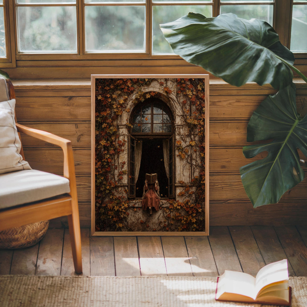 Square print leaned by cozy chair and plant, woman reading art print in gothic window