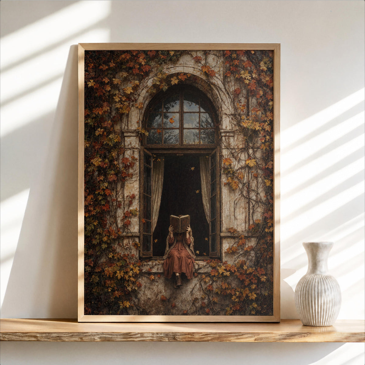 Framed woman reading art print on a wooden shelf, ceramic vase, warm burnt orange tones