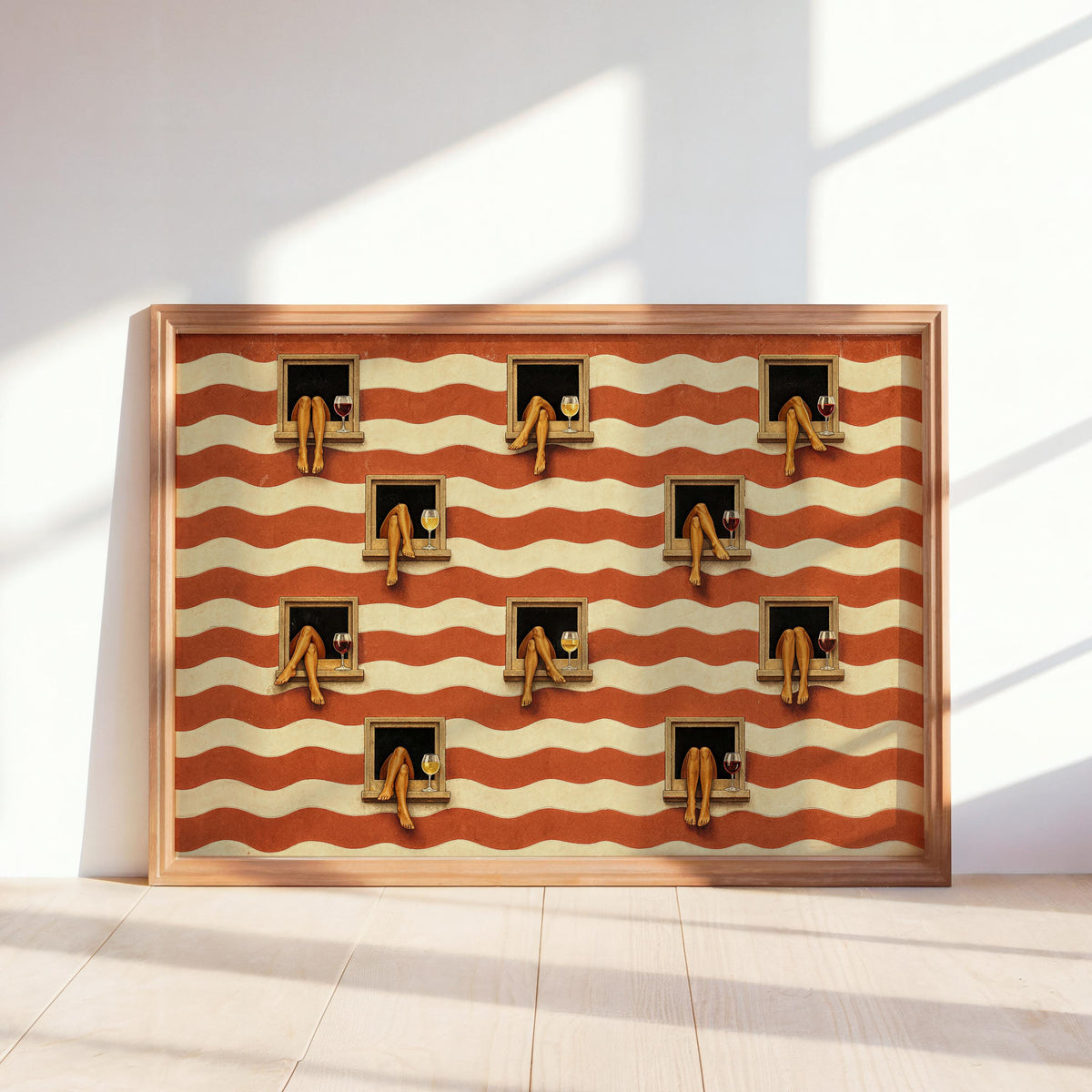 Women Drinking Wine in Window, Retro Surrealist Print, Striped Trippy Decor, Quirky Dining Room Kitchen Wall Art, Eclectic Housewarming Gift