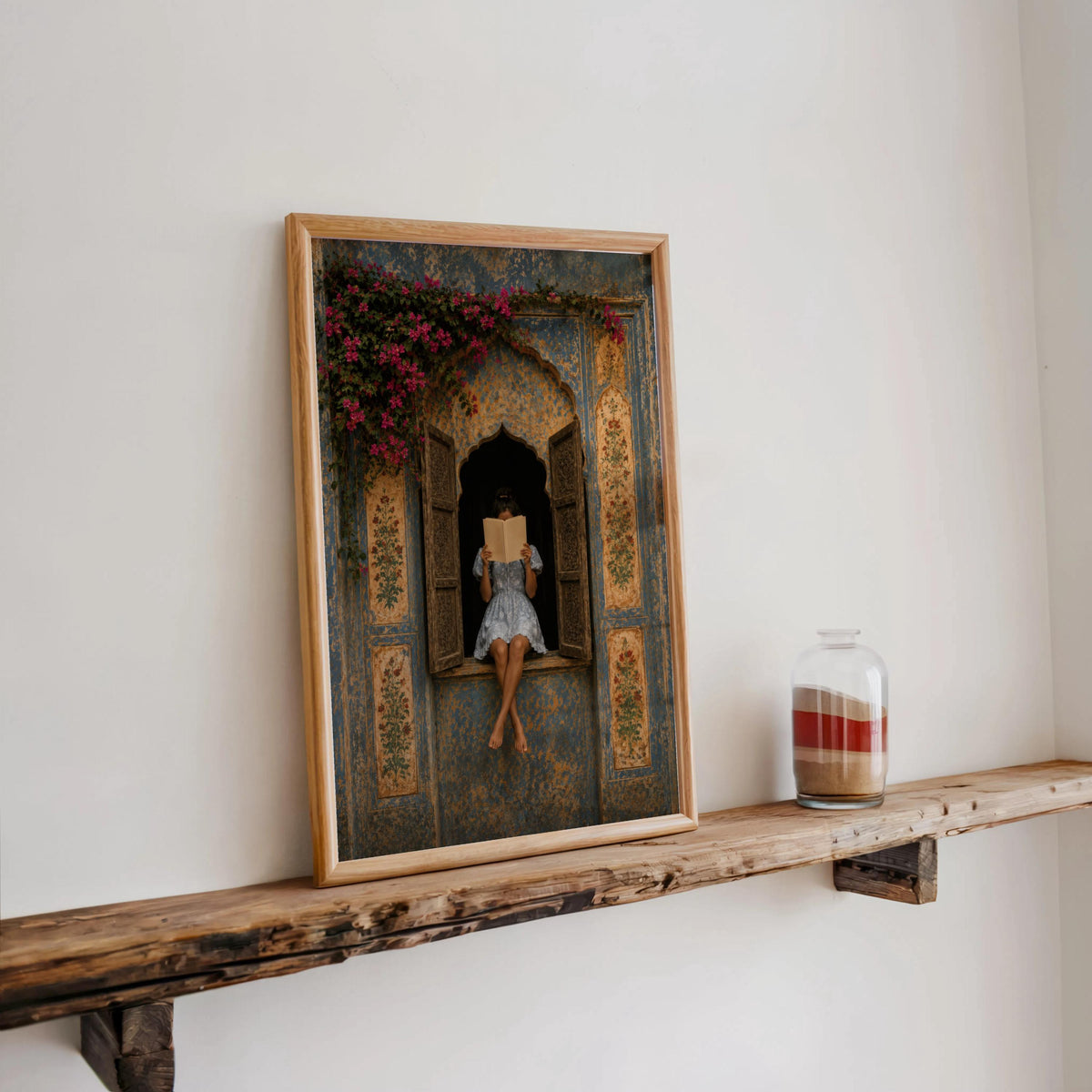 Woman Reading in Rajasthani Haveli Window, Blue Jaipur Palace Door Print, Indian Architecture Wall Art, Vintage Mughal Poster, Book Decor