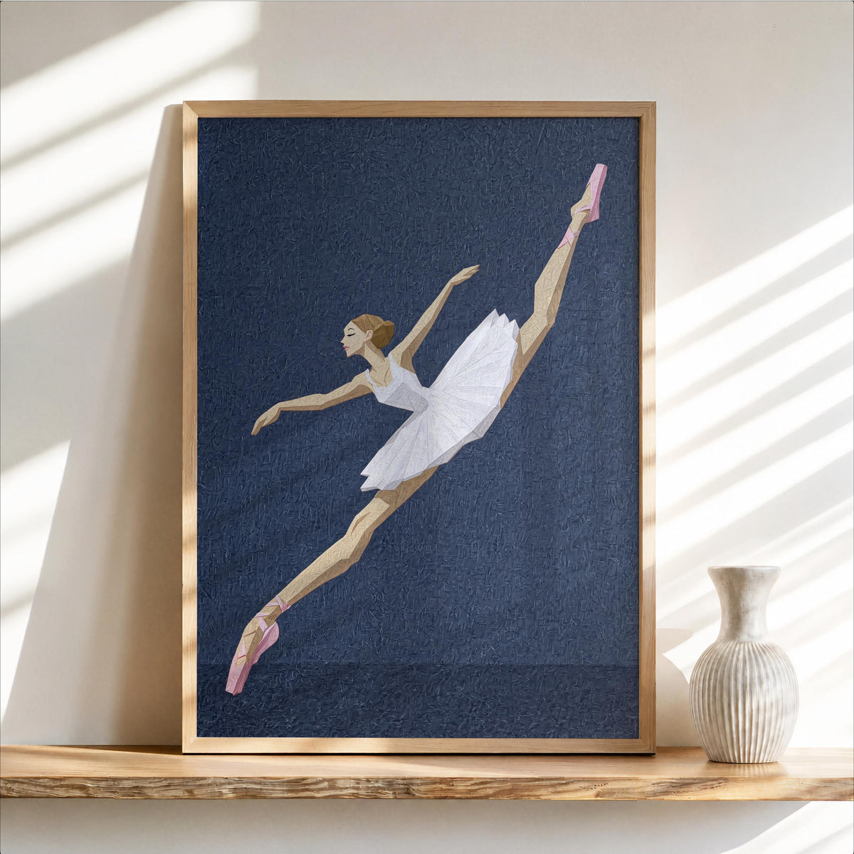Framed abstract ballerina wall art, deep navy speckled background, white blush dancer mid leap, ballet dancer wall decor