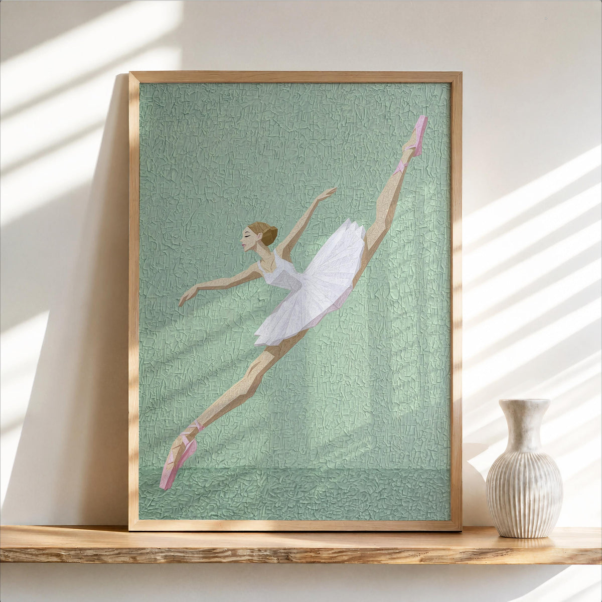Framed abstract ballerina wall art on mint green speckled background, delicate arabesque, pastel ballerina print