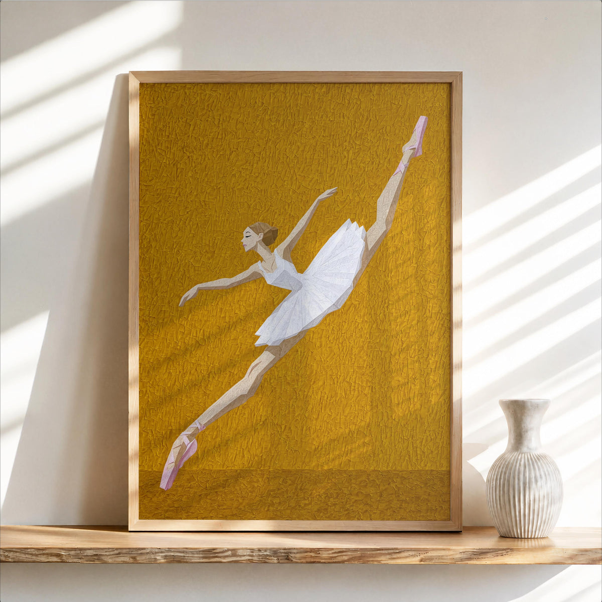 Framed abstract ballerina wall art on mustard yellow speckle, elongated arabesque pose, feminine bedroom wall art