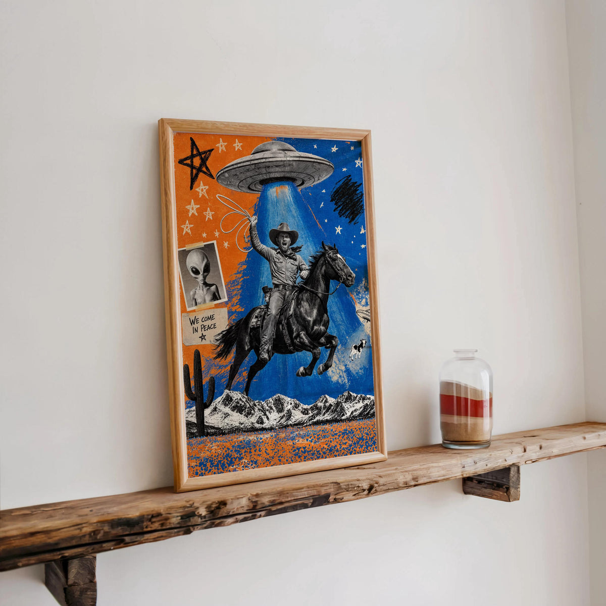 Cowboy Pop Art, Alien Abduction Wall Art, Western UFO Poster, Funny Eclectic Illustration, Vintage Americana Print, Graphic Rodeo Decor