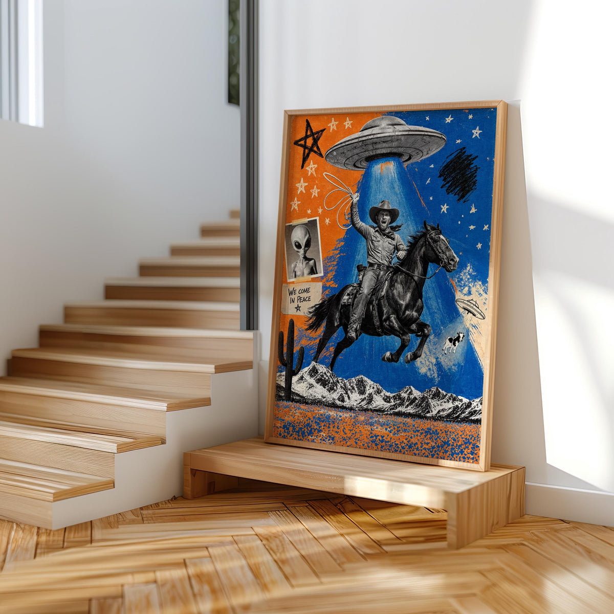 Cowboy Pop Art, Alien Abduction Wall Art, Western UFO Poster, Funny Eclectic Illustration, Vintage Americana Print, Graphic Rodeo Decor
