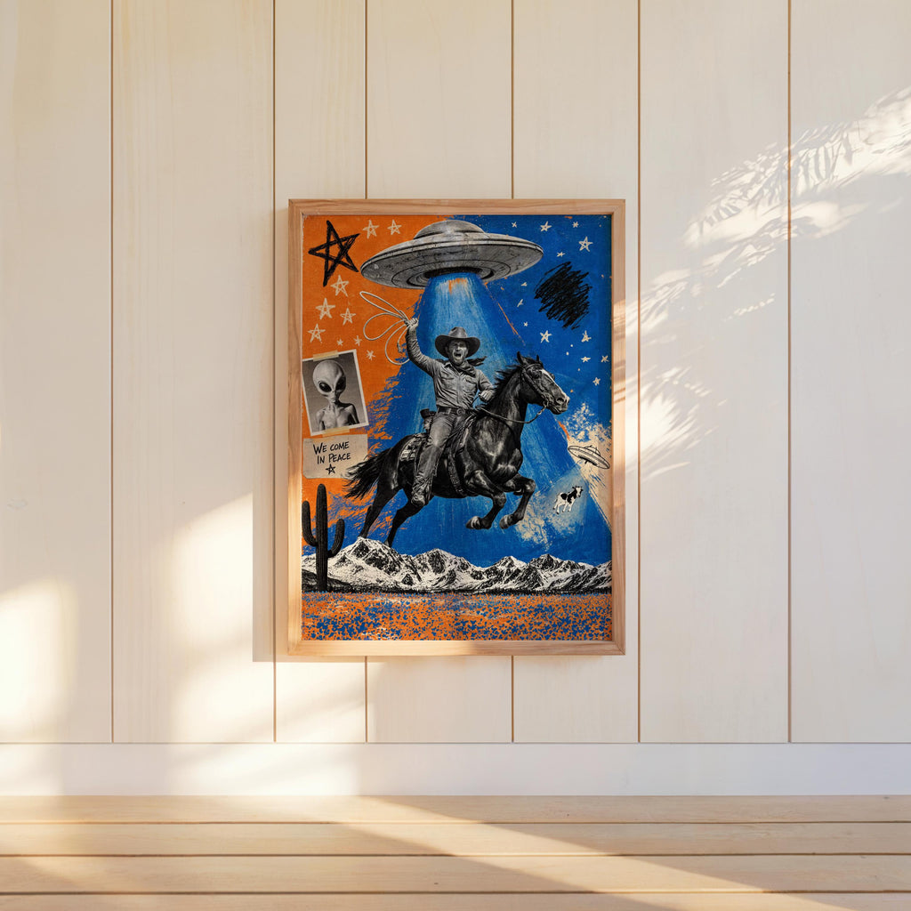 Cowboy Pop Art, Alien Abduction Wall Art, Western UFO Poster, Funny Eclectic Illustration, Vintage Americana Print, Graphic Rodeo Decor