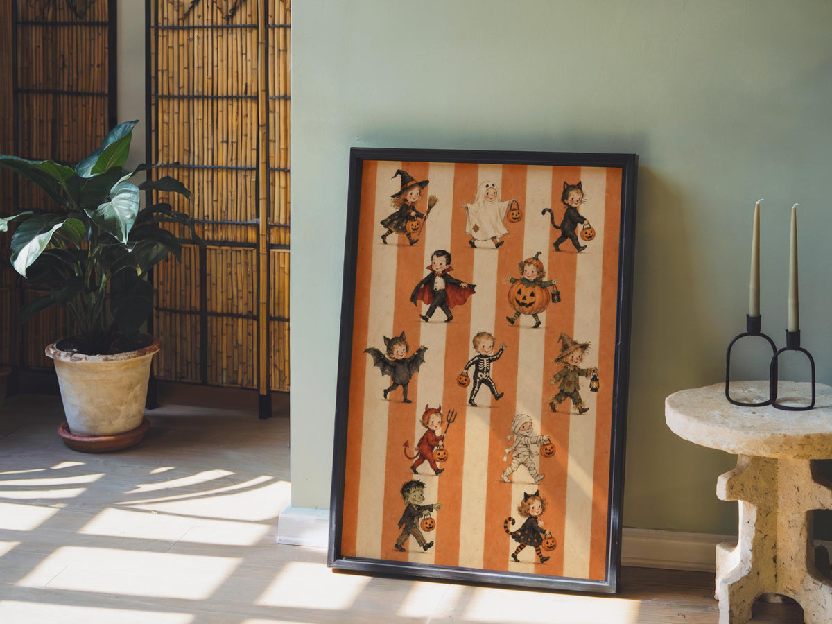 Halloween Parade Trick Or Treat Print, Cute Kids Costume Wall Art, Striped Spooky Halloween Fall Decor, Vintage Autumn Poster