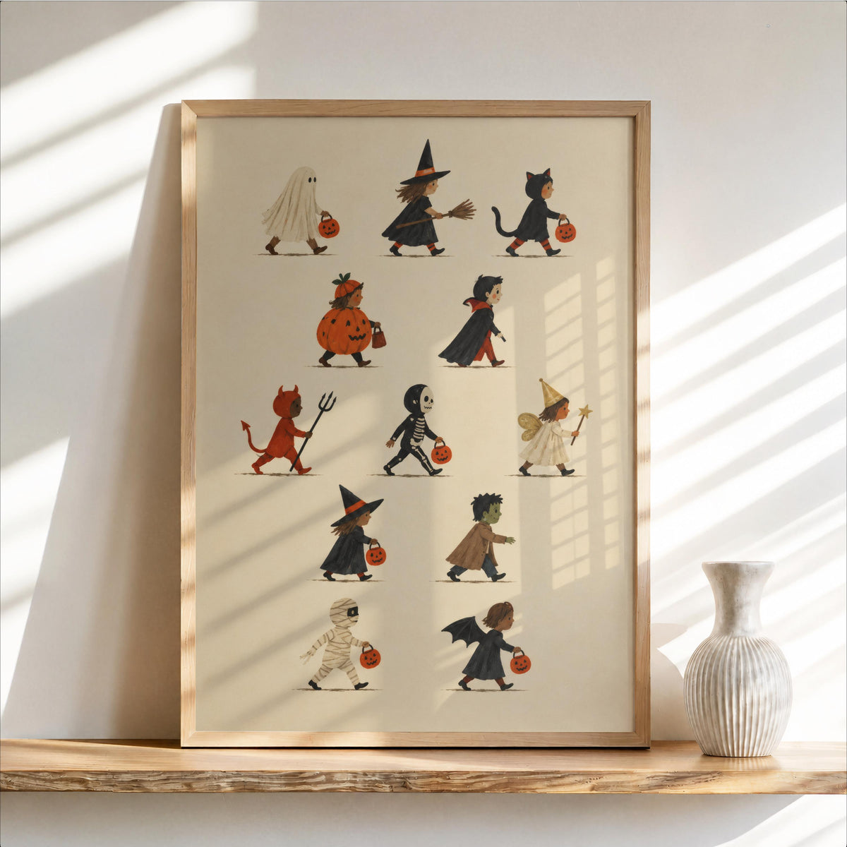Halloween Kids Print, Autumn Trick or Treat Decor, Vintage Halloween Poster, Ghost Witch Skeleton Wall Art, Cute Fall Illustration