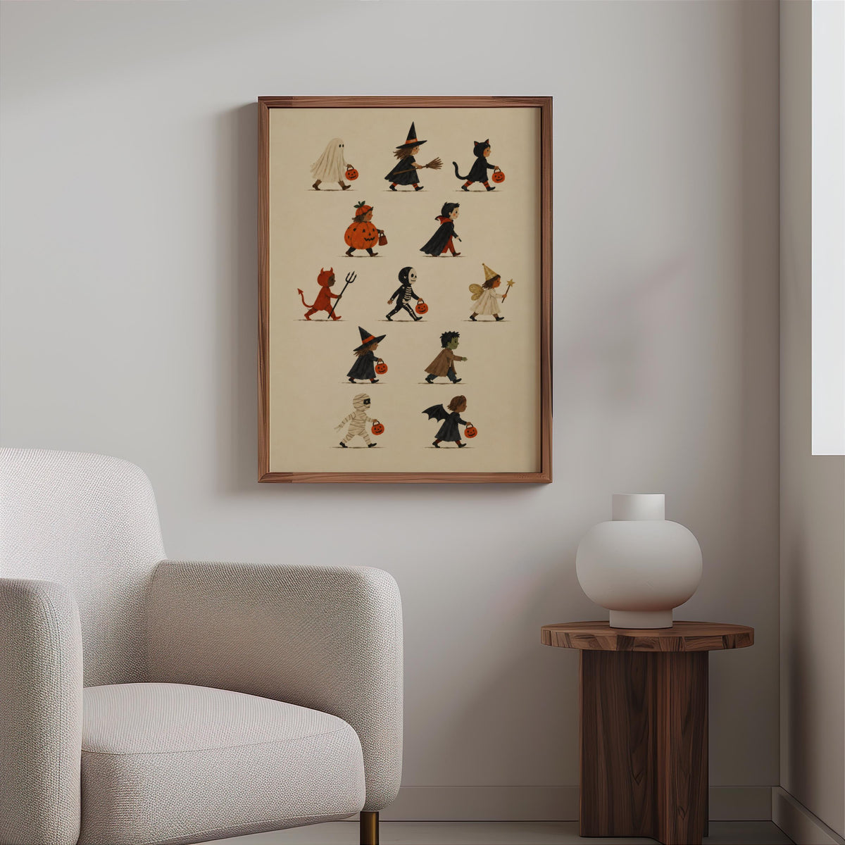 Halloween Kids Print, Autumn Trick or Treat Decor, Vintage Halloween Poster, Ghost Witch Skeleton Wall Art, Cute Fall Illustration