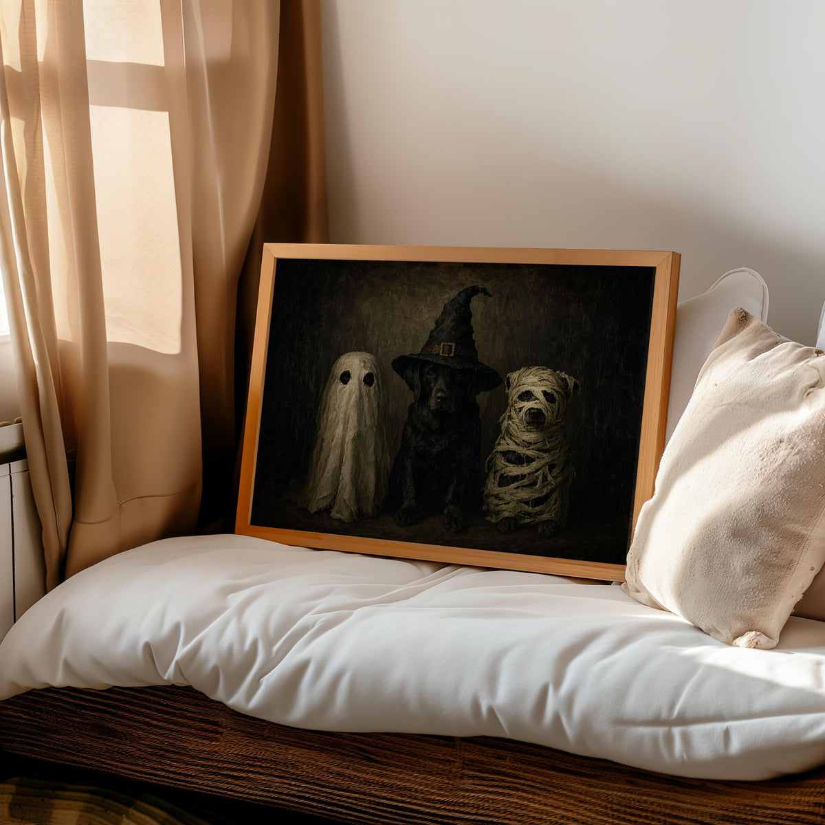 Halloween Dogs in Costumes Wall Art, Funny Dog Lover Spooky Painting, Whimsical Halloween Animals Decor, Moody Dark Fall Autumn Print