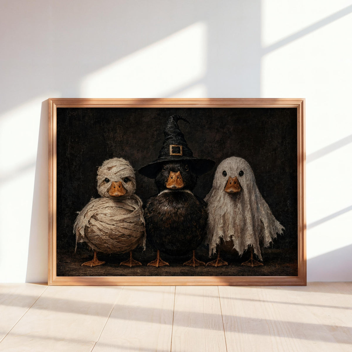 Framed Halloween duck wall art leaning in sunlight, wooden frame, witch, mummy, ghost ducklings, vintage gothic tones