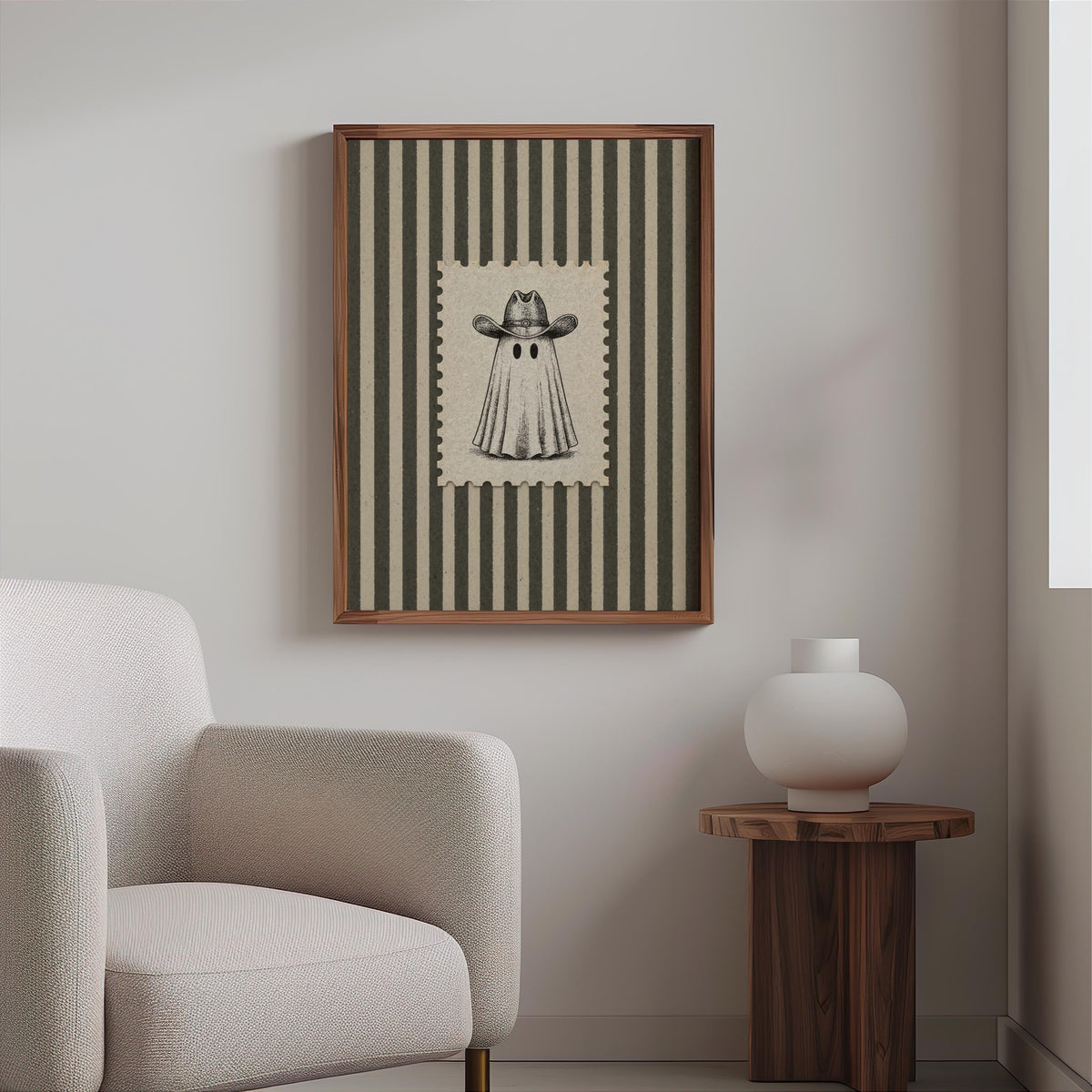 Vintage Cowboy Ghost Art, Western Halloween Decor, Striped Wall Print, Retro Spooky Poster, Postage Stamp Illustration, Rustic Americana