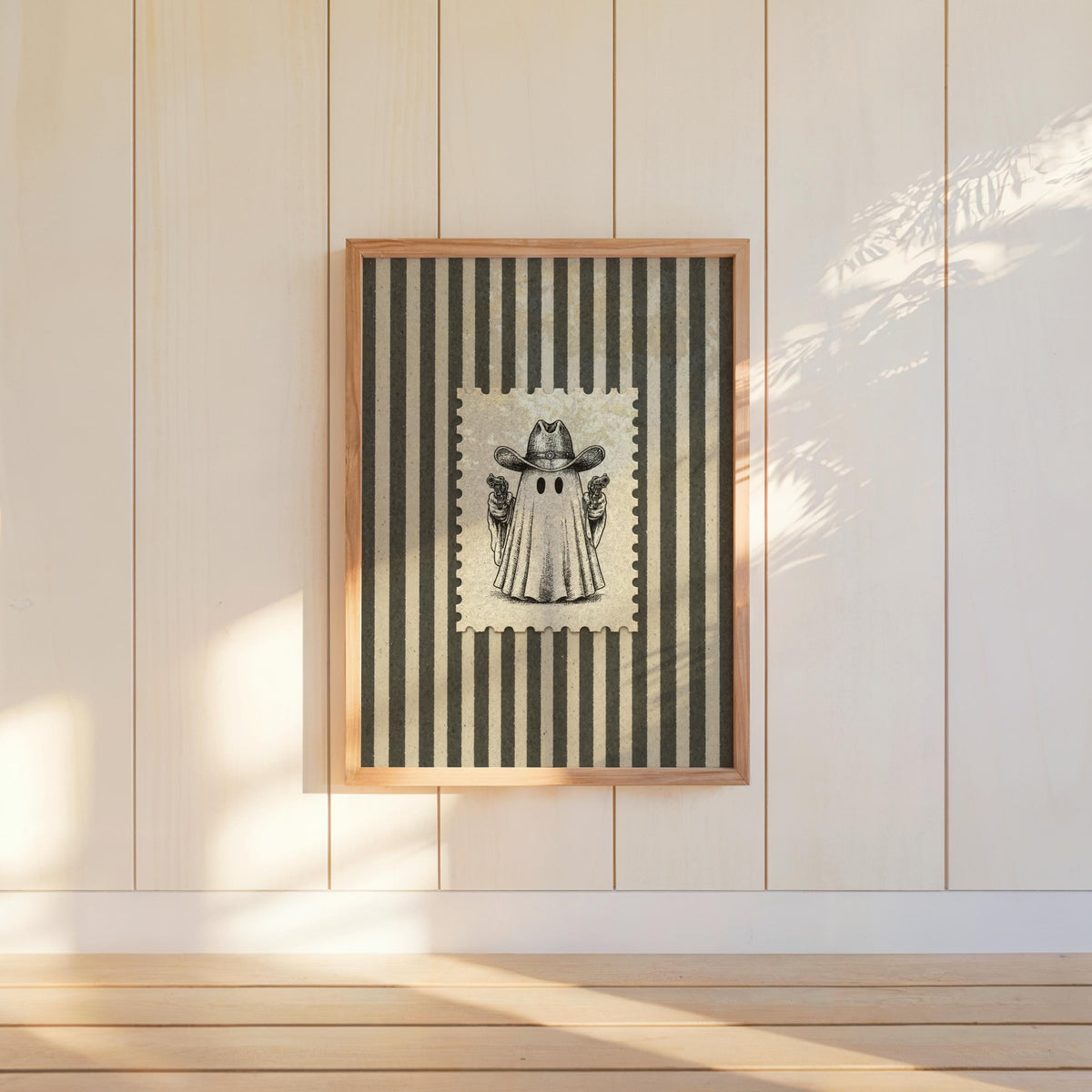 Ghost Cowboy Gunslinger Wall Art, Funny Western Halloween Print, Retro Stripes Poster, Spooky Post Stamp Illustration Rustic Americana Decor