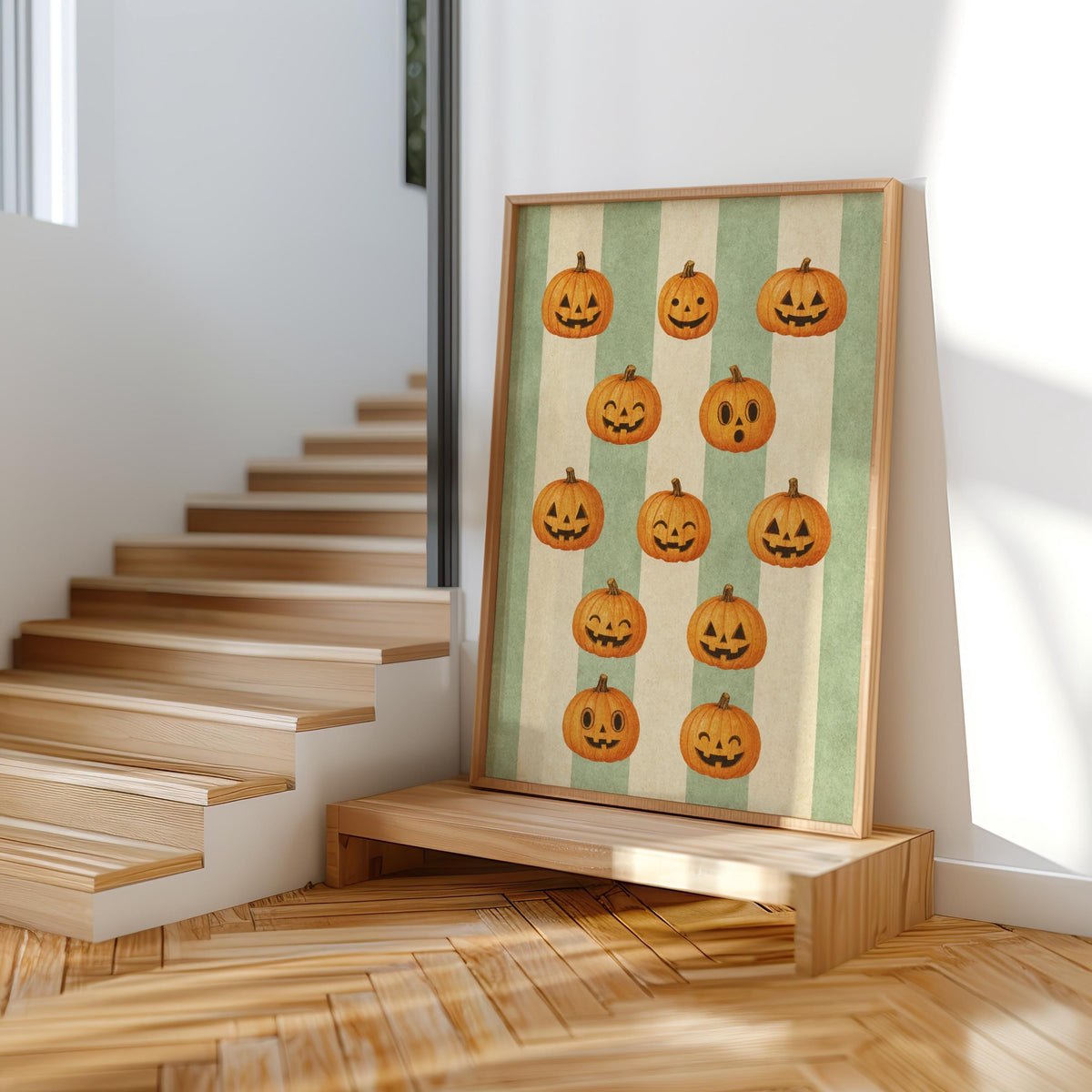 Halloween Pumpkin Poster, Retro Jack O Lanterns, Green Striped Wall Art, Whimsical Fall Print, Spooky Season Vintage Illustration