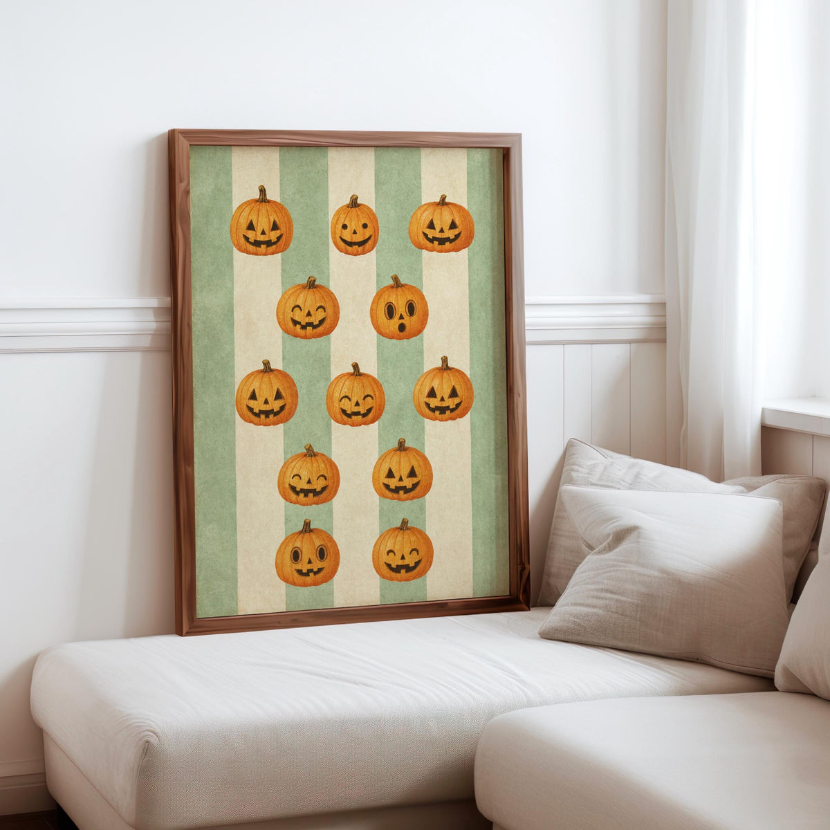 Halloween Pumpkin Poster, Retro Jack O Lanterns, Green Striped Wall Art, Whimsical Fall Print, Spooky Season Vintage Illustration