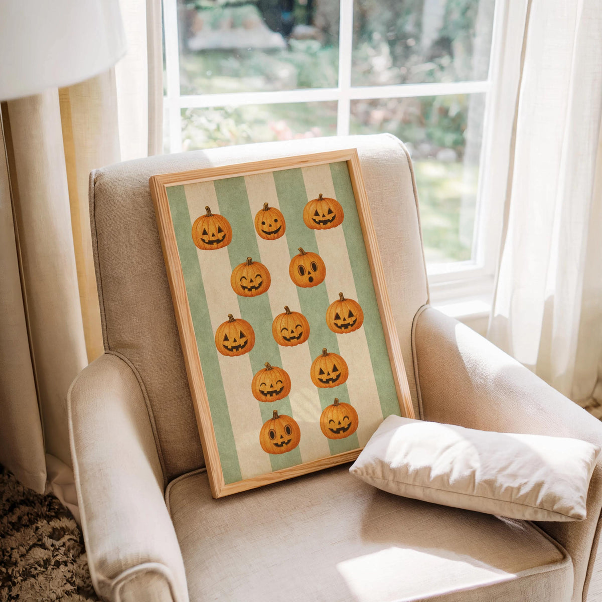 Halloween Pumpkin Poster, Retro Jack O Lanterns, Green Striped Wall Art, Whimsical Fall Print, Spooky Season Vintage Illustration