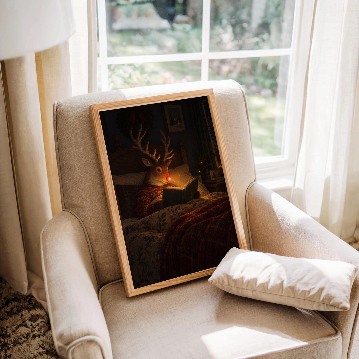 Rudolph Reading Poster, Christmas Bedroom Decor, Cozy Winter Illustration, Book Lover Gift, Reindeer Print, Nostalgic Bookish Holiday Art