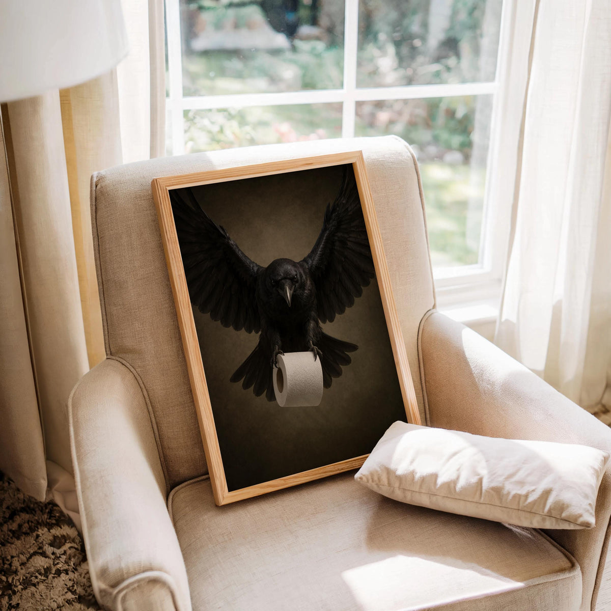 Cozy armchair vignette, raven bathroom wall art in frame on cushion, dark crow clutching toilet paper.