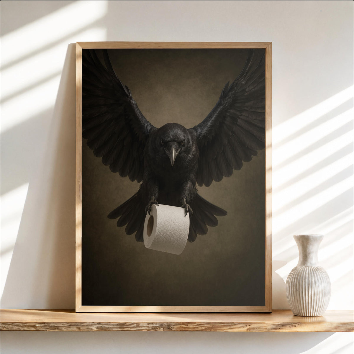 Framed raven bathroom wall art leaning on wooden mantel, black raven clutching toilet paper, moody vintage browns.