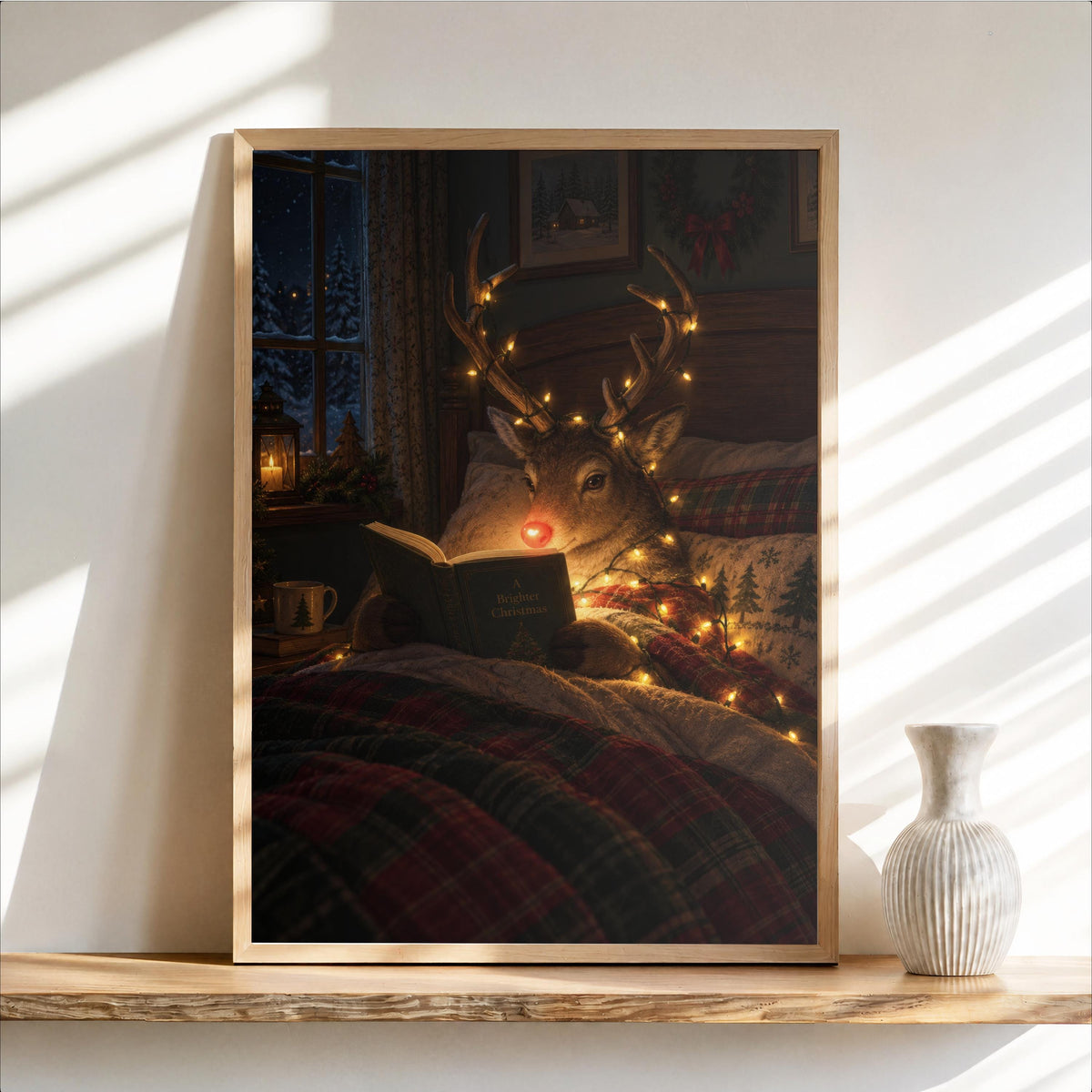 Framed Rudolph Christmas wall art on a wooden shelf, glowing fairy lights, cozy bed.