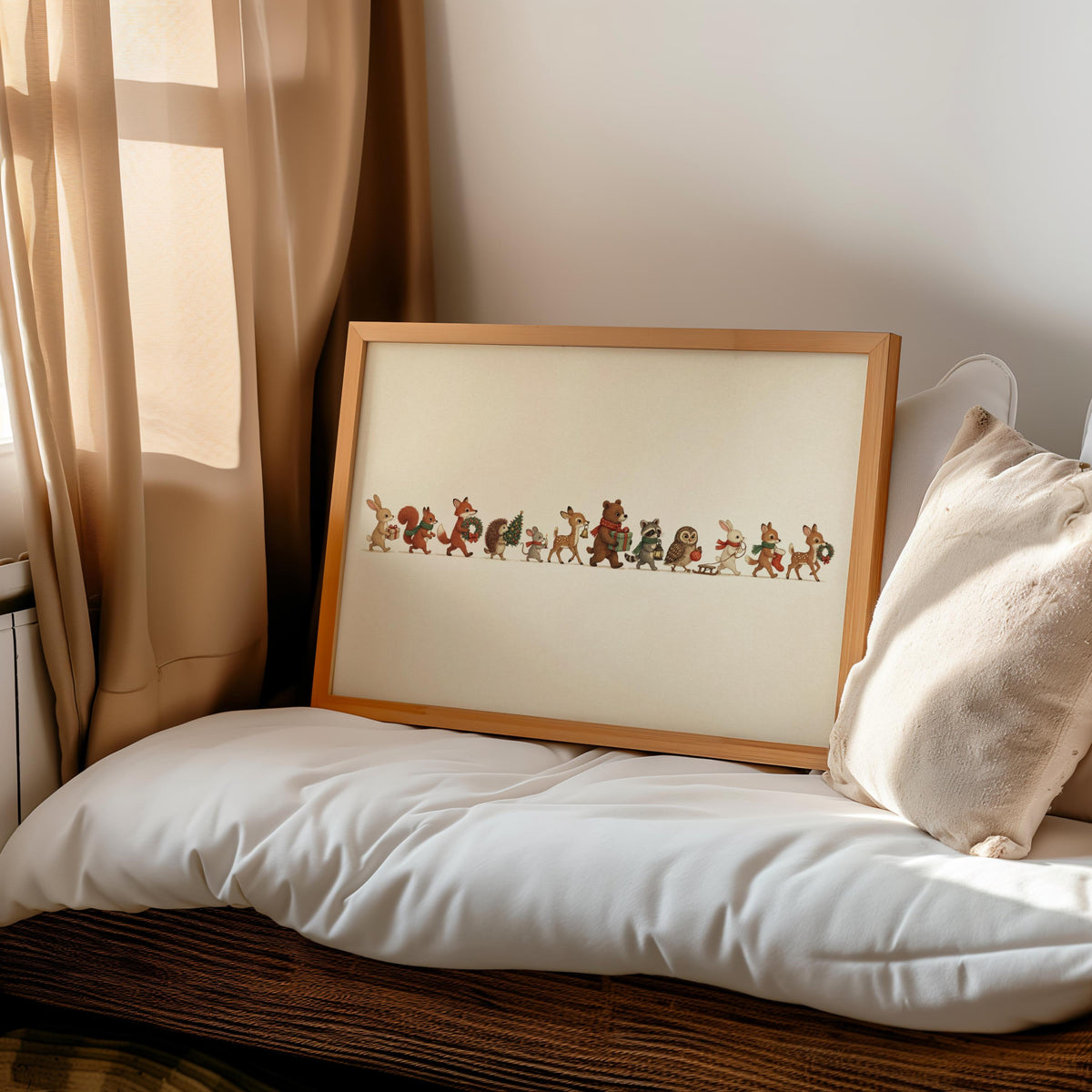 Cozy sofa nook with cushions, framed Christmas woodland animals print leaning, soft light and nursery ready charm