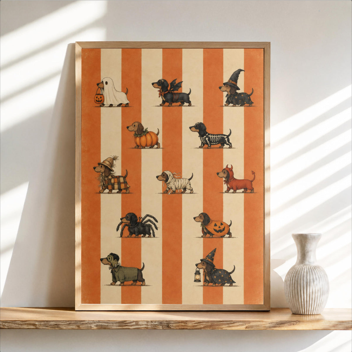 Halloween Dachshund Print, Funny Wiener Wall Art, Vintage Halloween Dogs, Sausage Dog Costume Poster, Retro Spooky Decor Striped Illusration