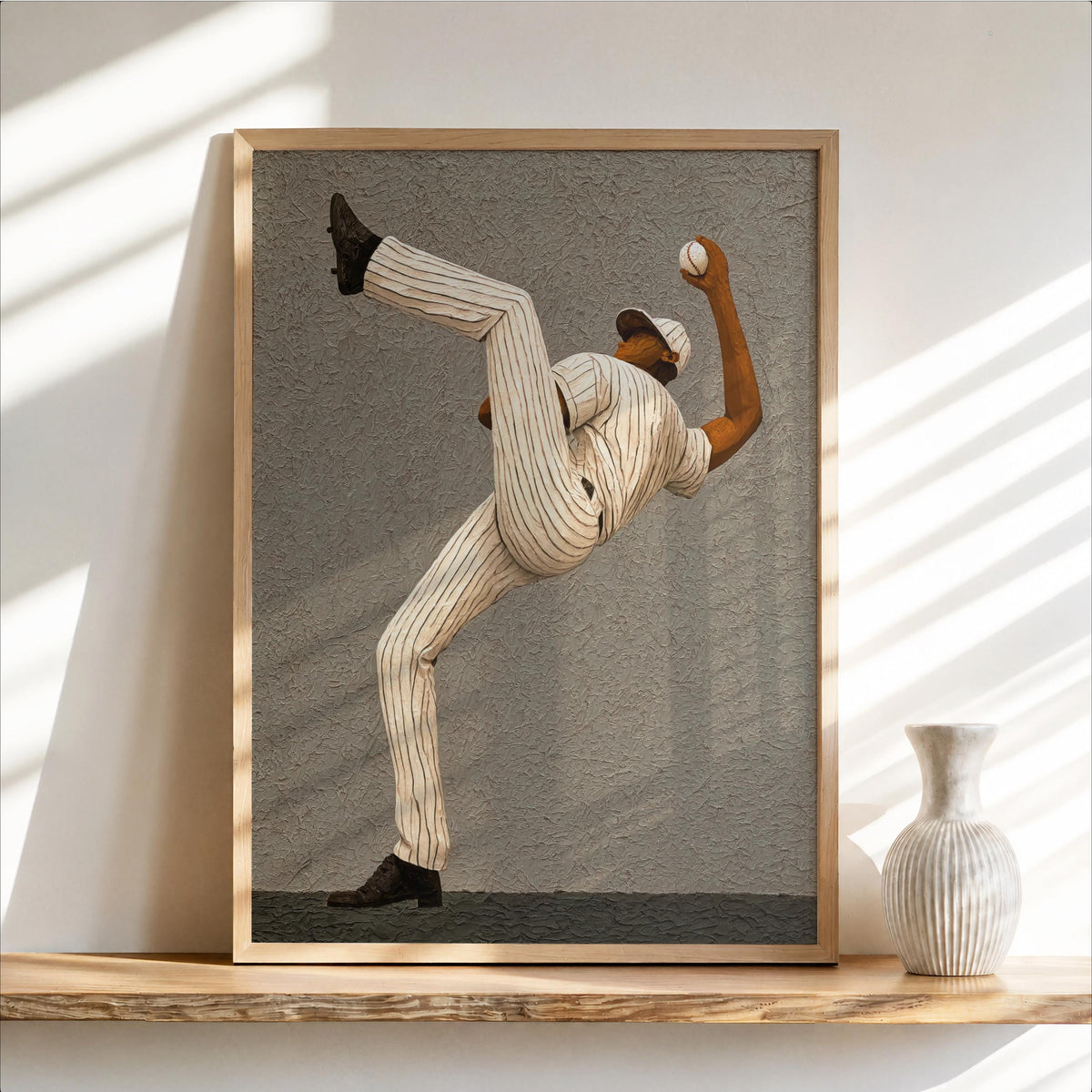 Afrocentric Baseball Pitcher Art Print: Vintage Pinstripe Athlete Sports Wall Decor, Dynamic Game Room Poster, Boys Room Painting