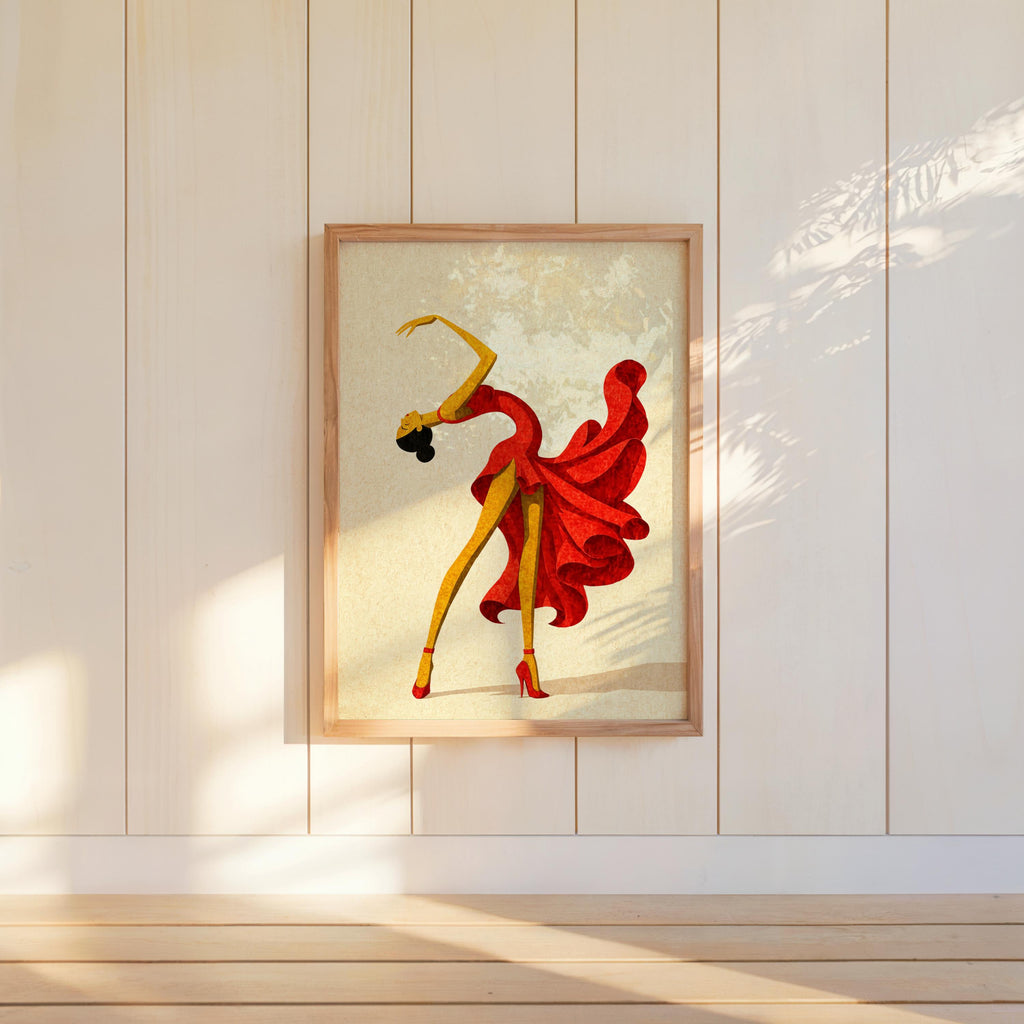 Cream background salsa dancer wall art on paneled wall, vintage female dancer wall art