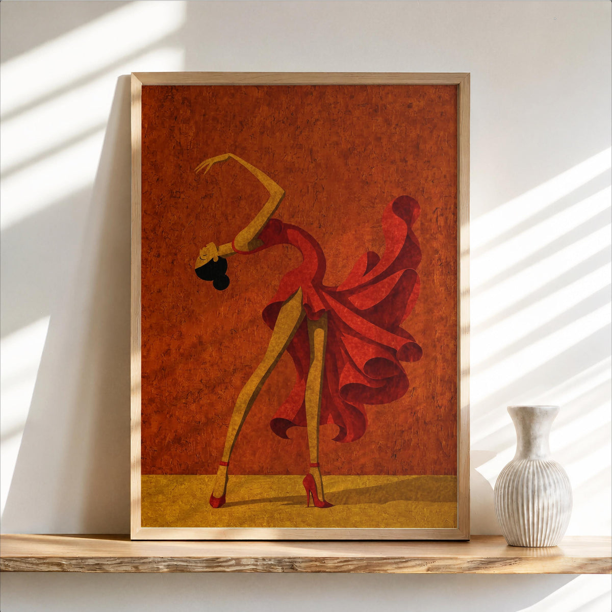 Warm terracotta salsa dancer wall art, bold gestural lines, textured folk-art red dress print