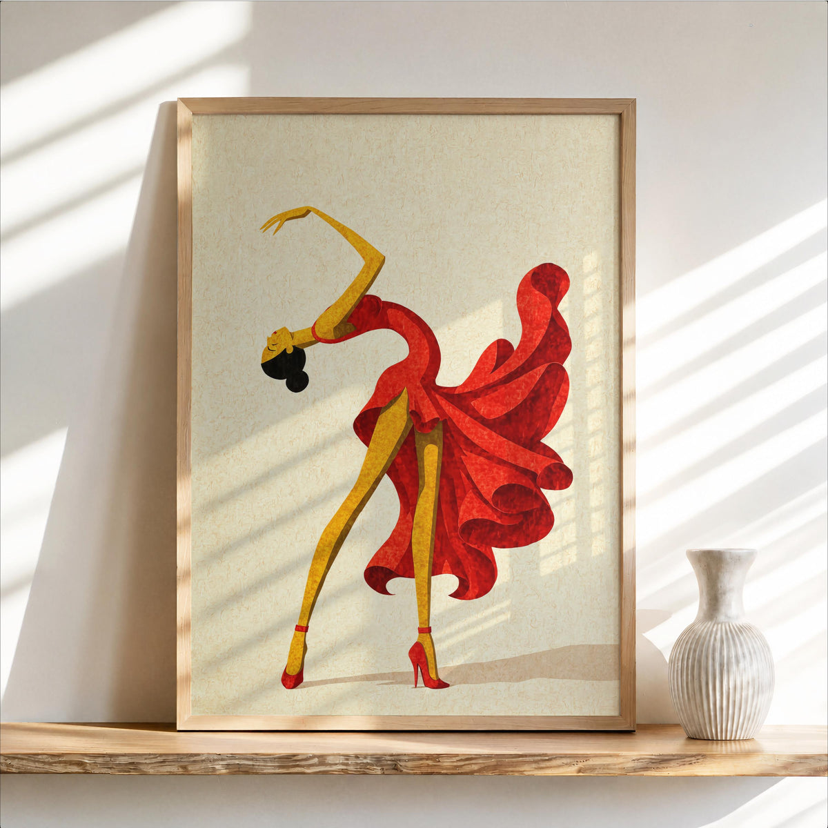 Cream background salsa dancer wall art, vintage-modern red dress dancer print, framed