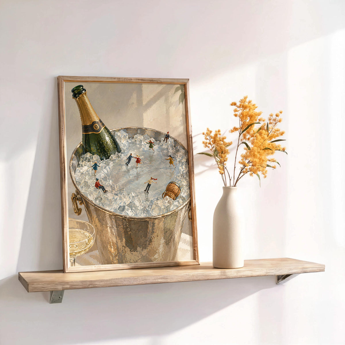 Champagne Ice Skating Wall Art, Tiny People Painting, Winter Bar Cart Decor, Whimsical Holiday Poster Gift, Surreal Bar Print