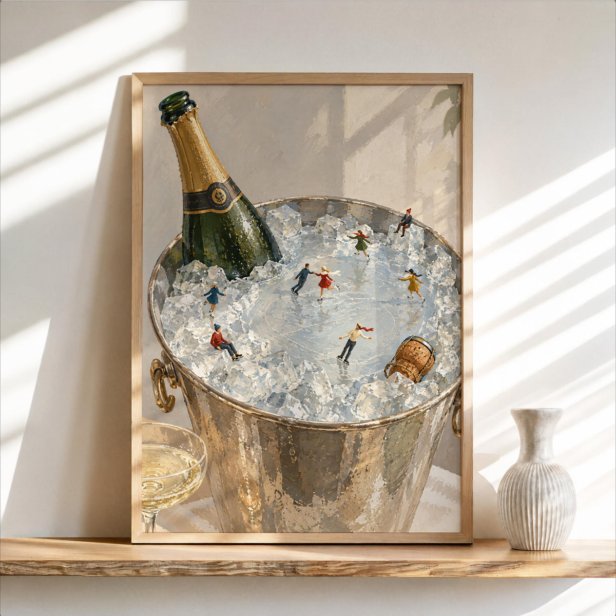 Champagne Ice Skating Wall Art, Tiny People Painting, Winter Bar Cart Decor, Whimsical Holiday Poster Gift, Surreal Bar Print