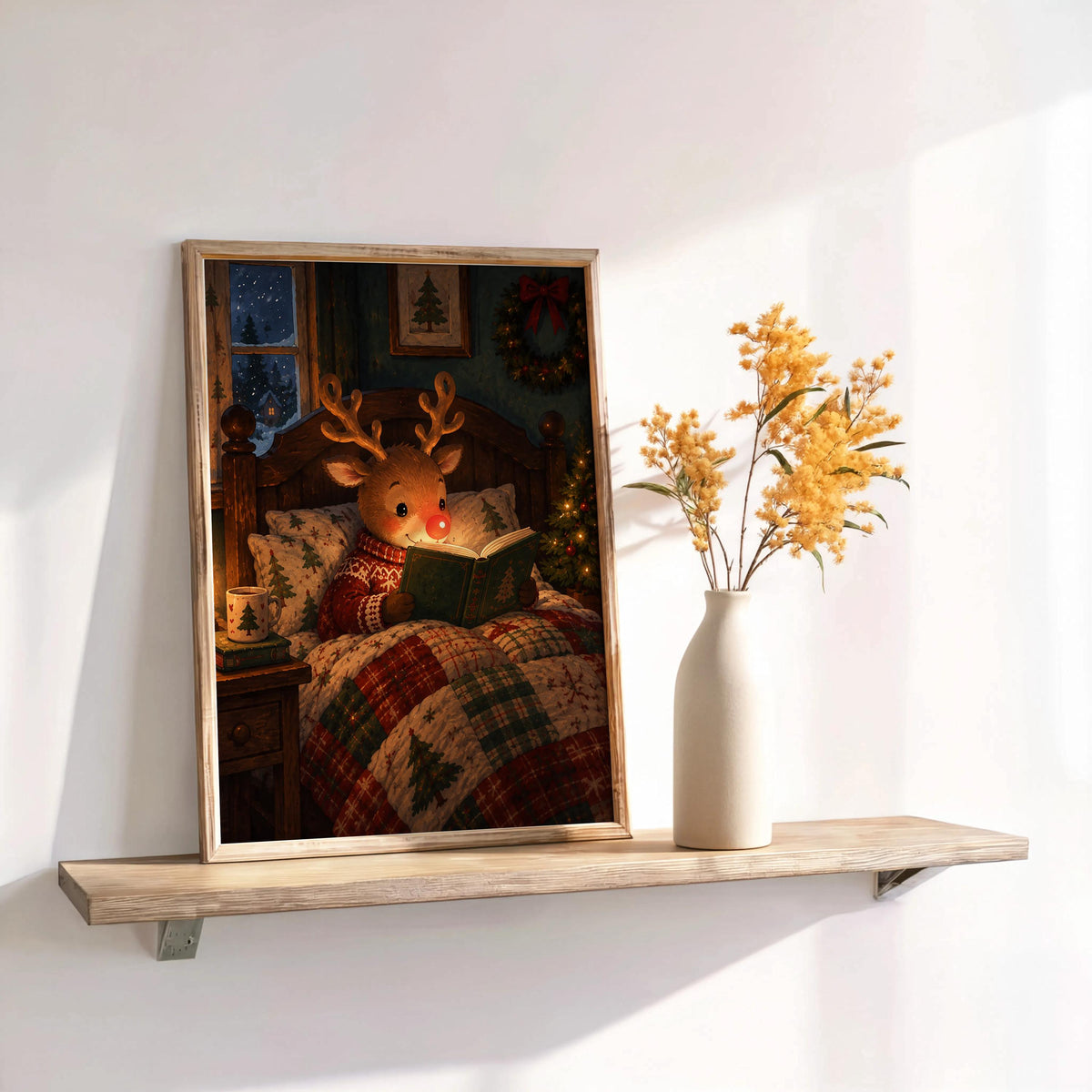 Rudolph Christmas wall art framed on a narrow shelf with vase, vintage storybook glow and cottagecore feel