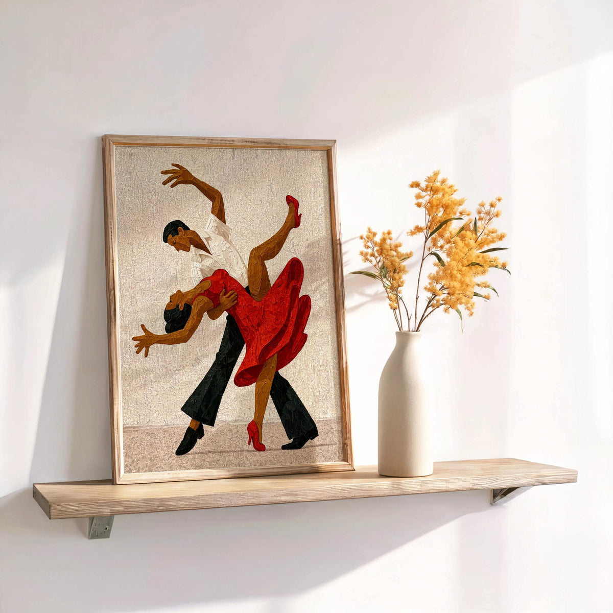 Framed cream tango couple wall art on shelf with dried stems, textured impasto painting ideal as anniversary gift for couple