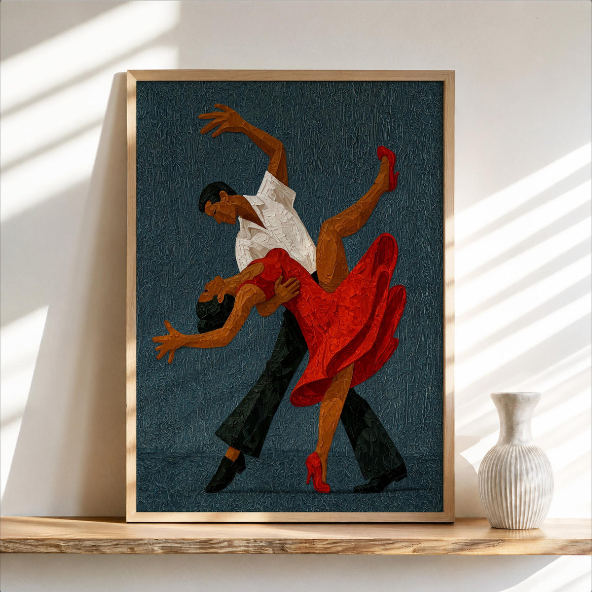 Deep blue tango couple wall art, textured impasto dance print, framed and lit by window, vintage ballroom decor